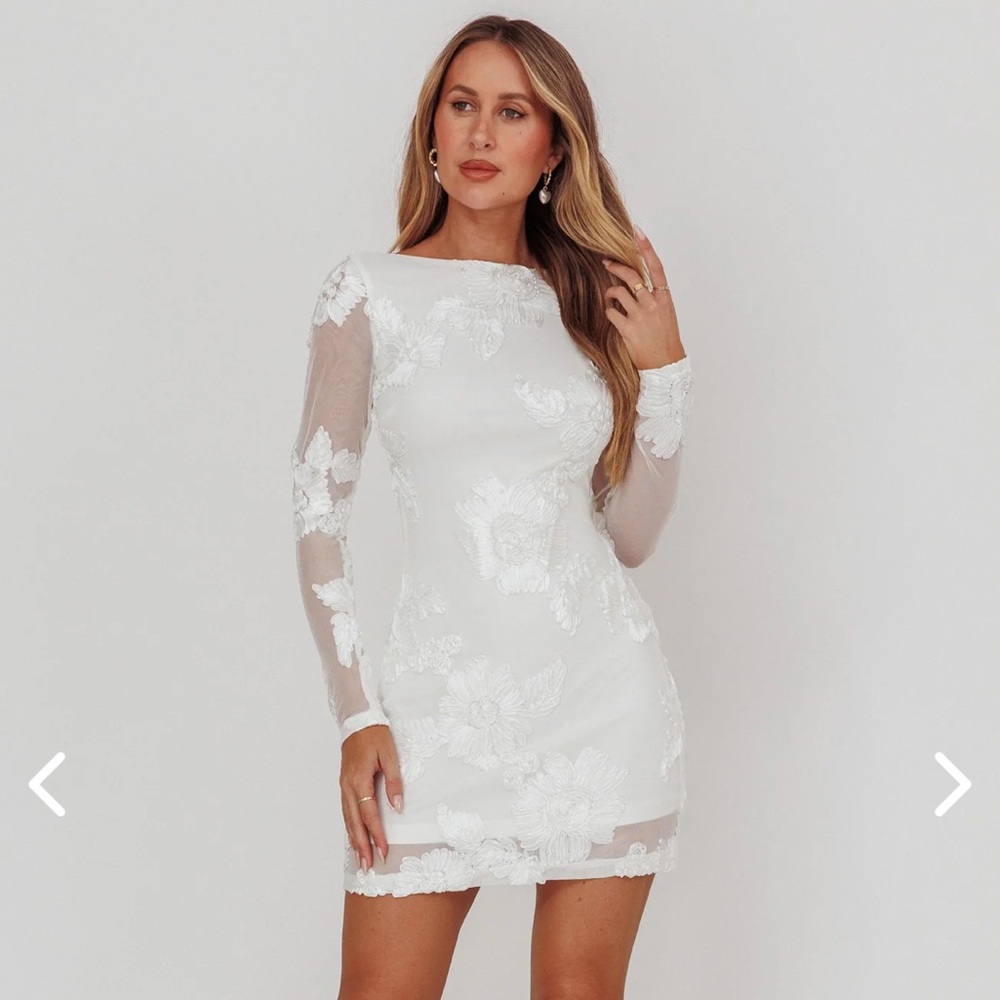 Karma Long Sleeve Scoop Back Dress Embellished White
